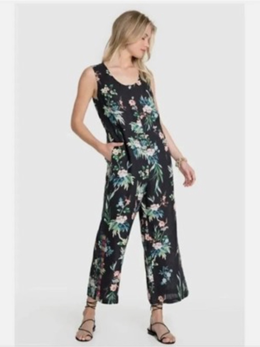 Johnny Was Black Floral Sleeveless Wide-Leg Jumpsuit